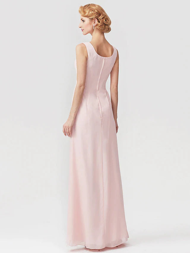 Two Piece A-Line Mother of the Bride Dress Elegant Square Neck Floor Length Chiffon Charmeuse Sleeveless Wrap Included with Ruched