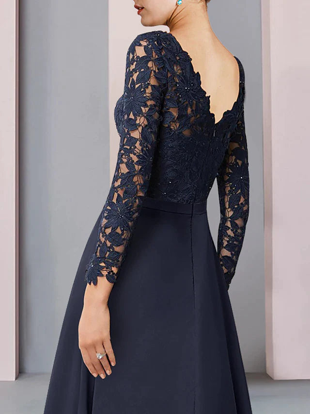 DingjiSheath / Column Mother of the Bride Dress Wedding Guest Vintage Elegant V Neck Asymmetrical Chiffon Lace Long Sleeve with Pleats