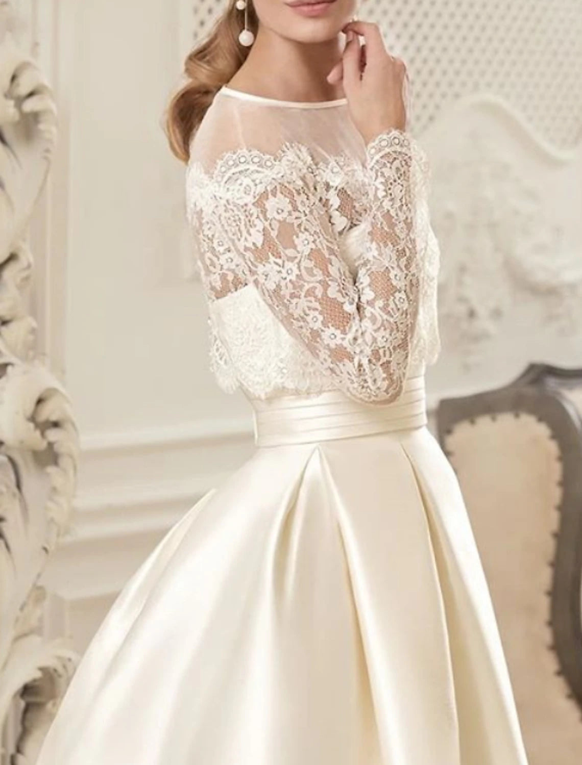 Engagement Vintage 1940s / 1950s Formal Fall Wedding Dresses A-Line Illusion Neck Long Sleeve Floor Length Satin Bridal Gowns With Pleats Beading Summer Wedding Party, Women‘s Clothing