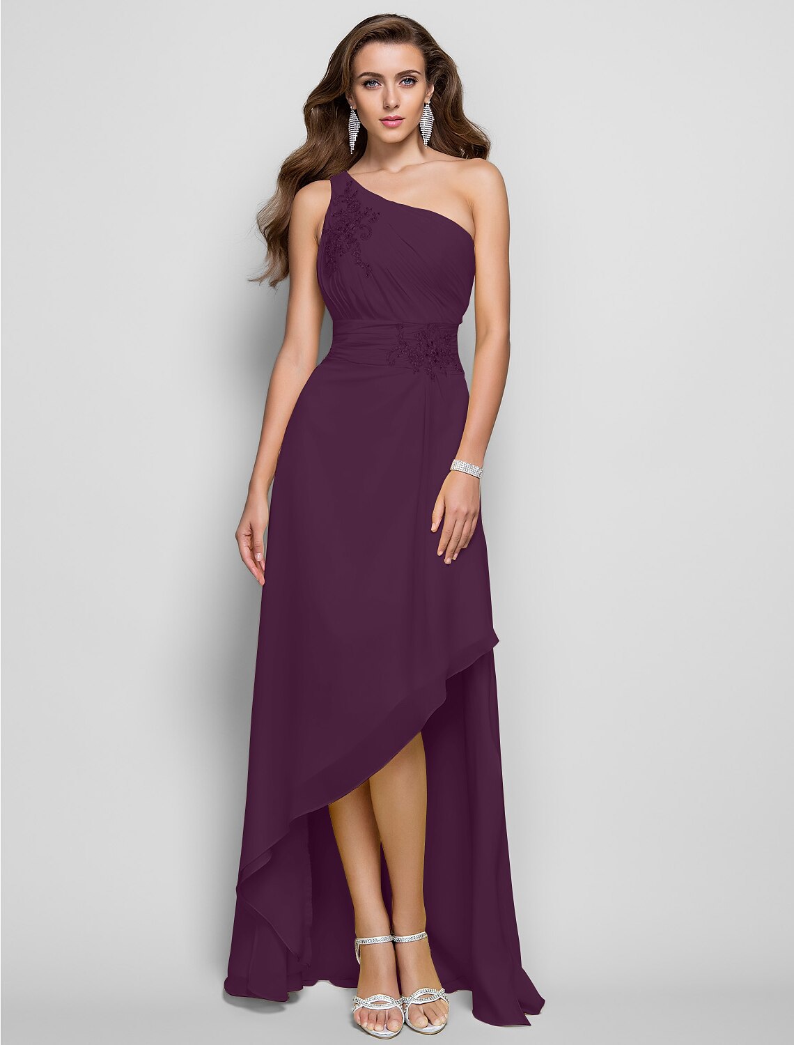 Sheath / Column Elegant Dress Wedding Guest Asymmetrical Sleeveless One Shoulder Chiffon with Beading Slit Appliques