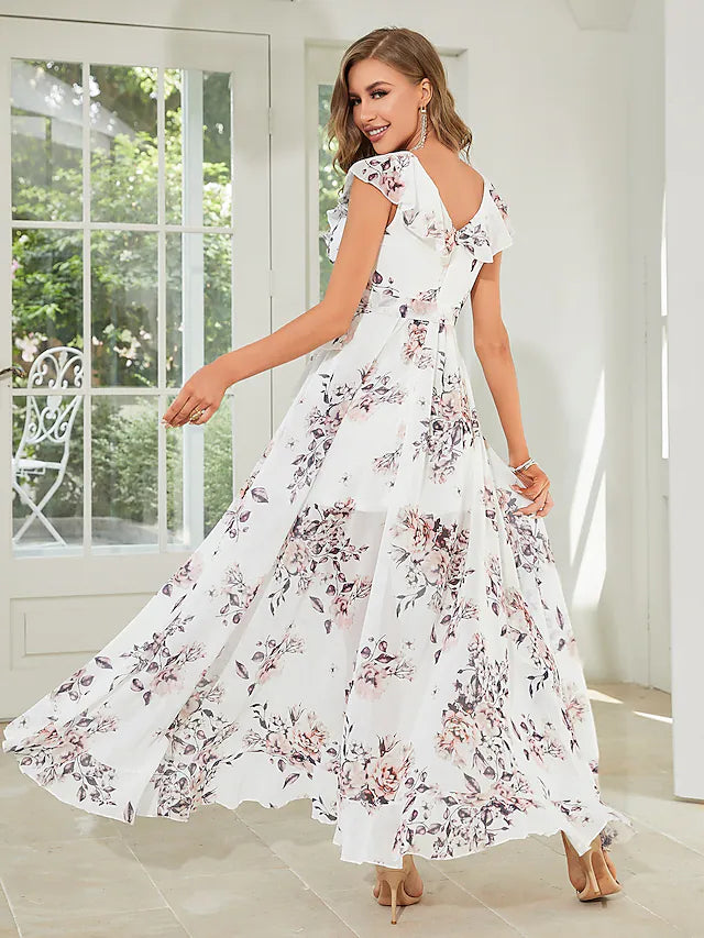 DingjiA-Line Wedding Guest Dresses Floral Dress Party Wear Asymmetrical Sleeveless V Neck Chiffon with Ruffles Strappy
