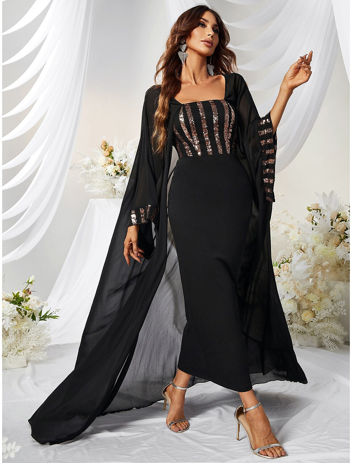 Mermaid / Trumpet Wedding Guest Dresses Elegant Dress Formal Ankle Length Long Sleeve Square Neck Capes Polyester with Beading Shawl