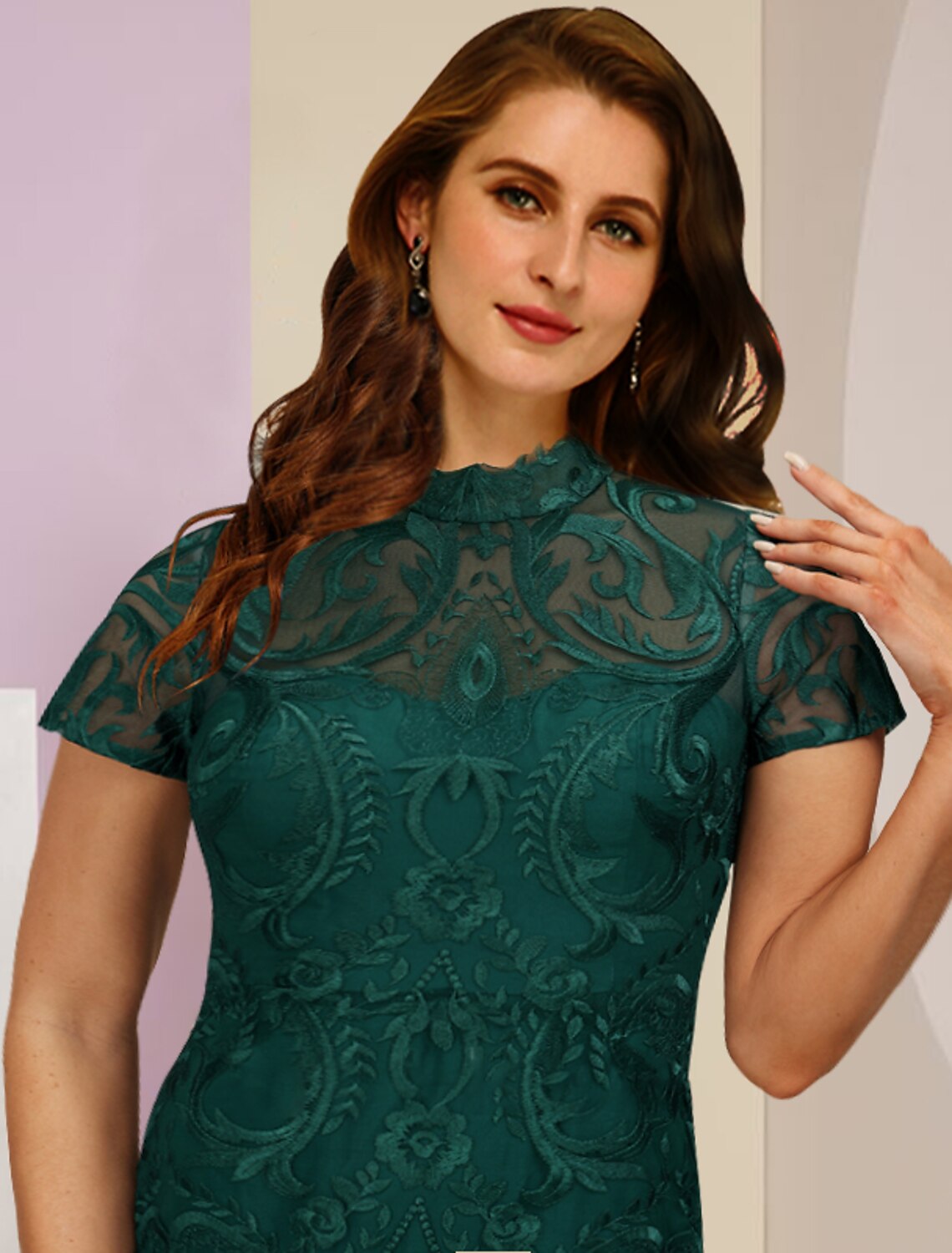 Plus Size Curve Mother of the Bride Dress Wedding Guest Vintage Elegant High Neck Tea Length Lace Short Sleeve with Solid Color