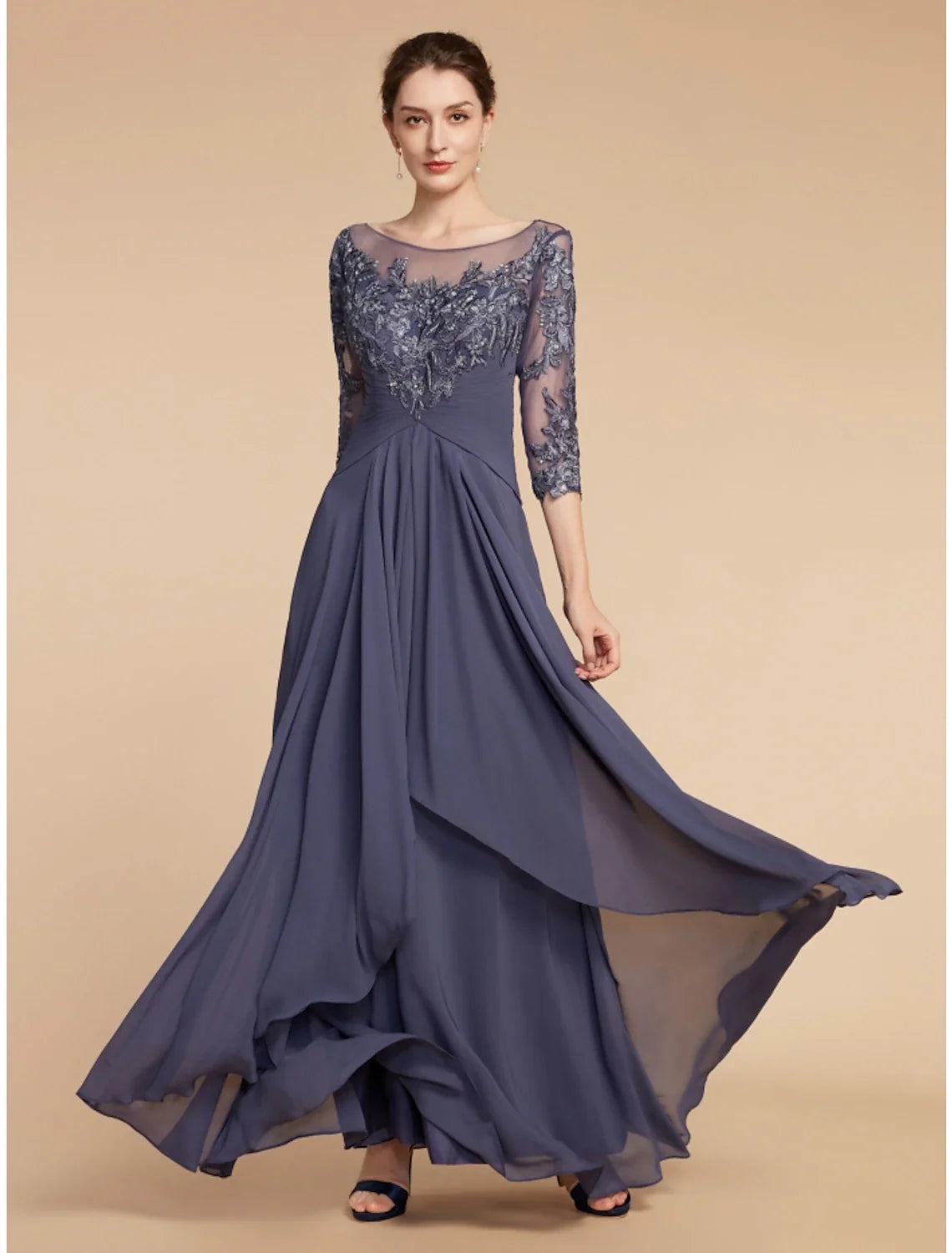 DingjiSheath / Column Mother of the Bride Dress Wedding Guest Elegant Vintage Scoop Neck Ankle Length Chiffon Lace Half Sleeve with Ruffles Ruching