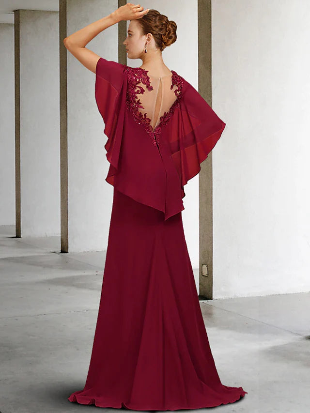 DingjiMermaid / Trumpet Mother of the Bride Dress Vintage Elegant Square Neck Sweep / Brush Train Chiffon Short Sleeve with Ruffles Appliques