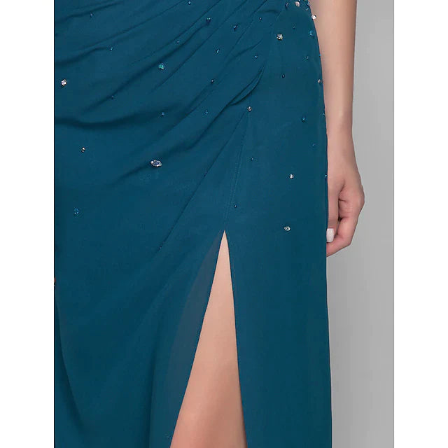 Sheath / Column Mother of the Bride Dress Furcal One Shoulder Floor Length Chiffon Sleeveless with Beading