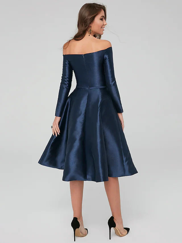 DingjiA-Line Special Occasion Dresses Party Dress Wedding Guest Knee Length Long Sleeve Off Shoulder Satin with Pleats