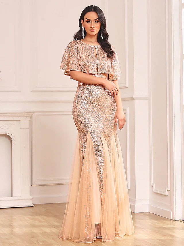 DingjiTwo Piece Mermaid / Trumpet Party Dresses Sparkle & Shine Dress Prom Floor Length Sleeveless V Neck Capes Tulle V Back with Sequin Shawl