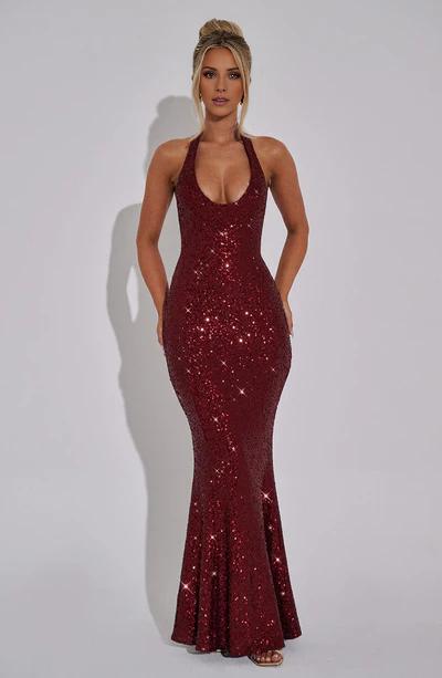 Wine Plunge scoop neckline Halter Luxury textured sequin fabric Formal Prom Dress