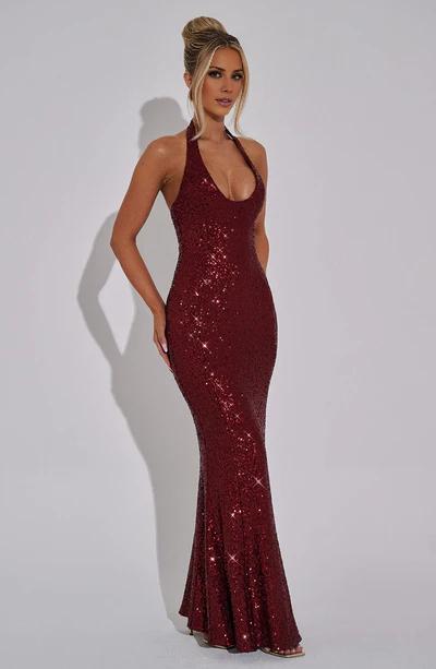 Wine Plunge scoop neckline Halter Luxury textured sequin fabric Formal Prom Dress