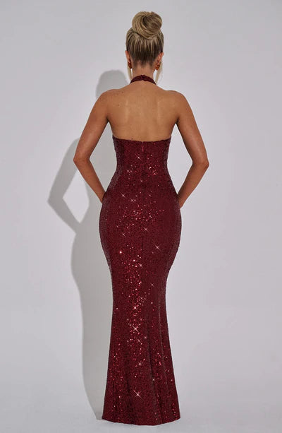 Wine Plunge scoop neckline Halter Luxury textured sequin fabric Formal Prom Dress