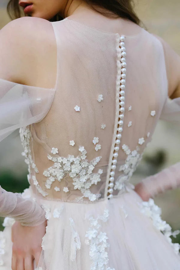 Off-the-Shoulder Tulle Sweep Train Flower Appliqued Wedding Dresses