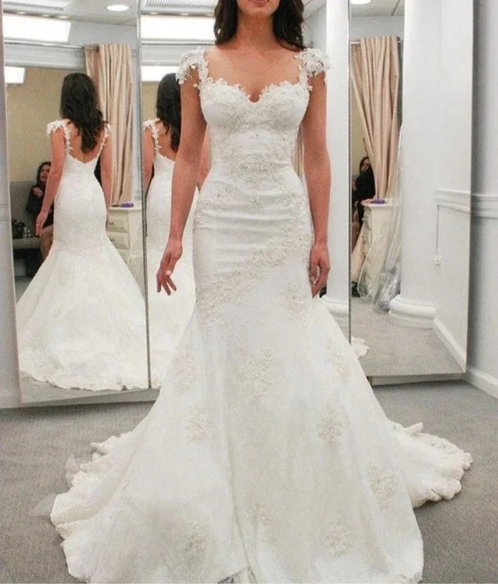 Lace Applique Strap Pleated Lace Gown With Open Back Style