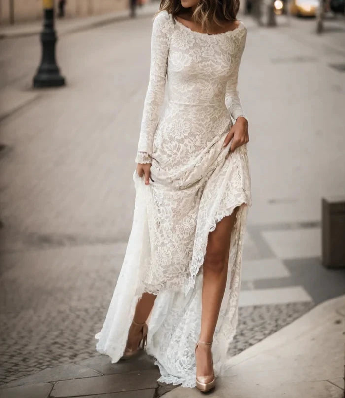 Vintage Floral  Wedding Dress with Sleeves Modest Boat Neck Low-V Back Princess Bridal Gown