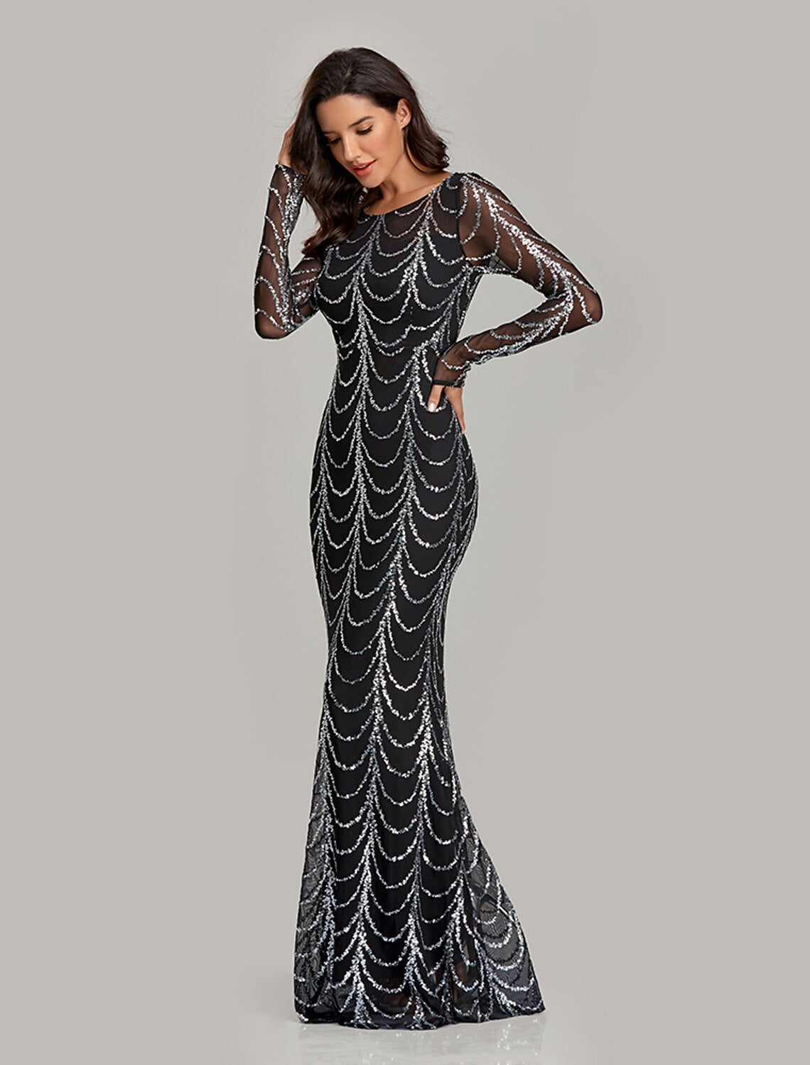 Mermaid / Trumpet Sparkle Elegant Party Wear Formal Evening Dress Jewel Neck Long Sleeve Floor Length Sequined with Sequin / Illusion Sleeve