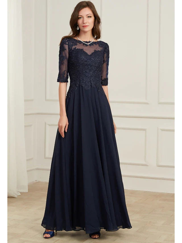 DingjiA-Line Elegant Wedding Guest Formal Evening Dress Jewel Neck Half Sleeve Floor Length Tulle with Appliques