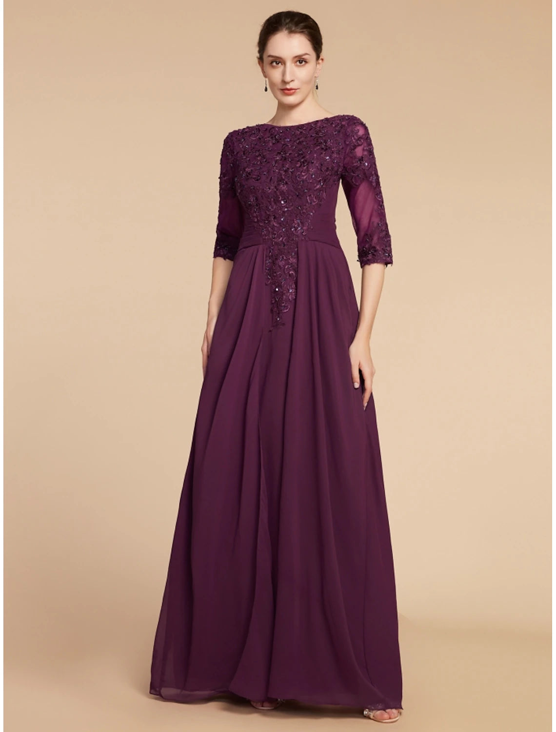 Sheath / Column Mother of the Bride Dress Wedding Guest Elegant Scoop Neck Floor Length Chiffon Lace Half Sleeve with Pleats Sequin