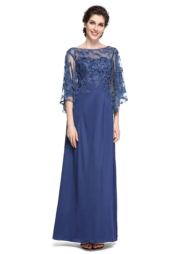 Sheath / Column Mother of the Bride Dress Elegant See Through Bateau Neck Ankle Length Chiffon Lace Half Sleeve with Lace