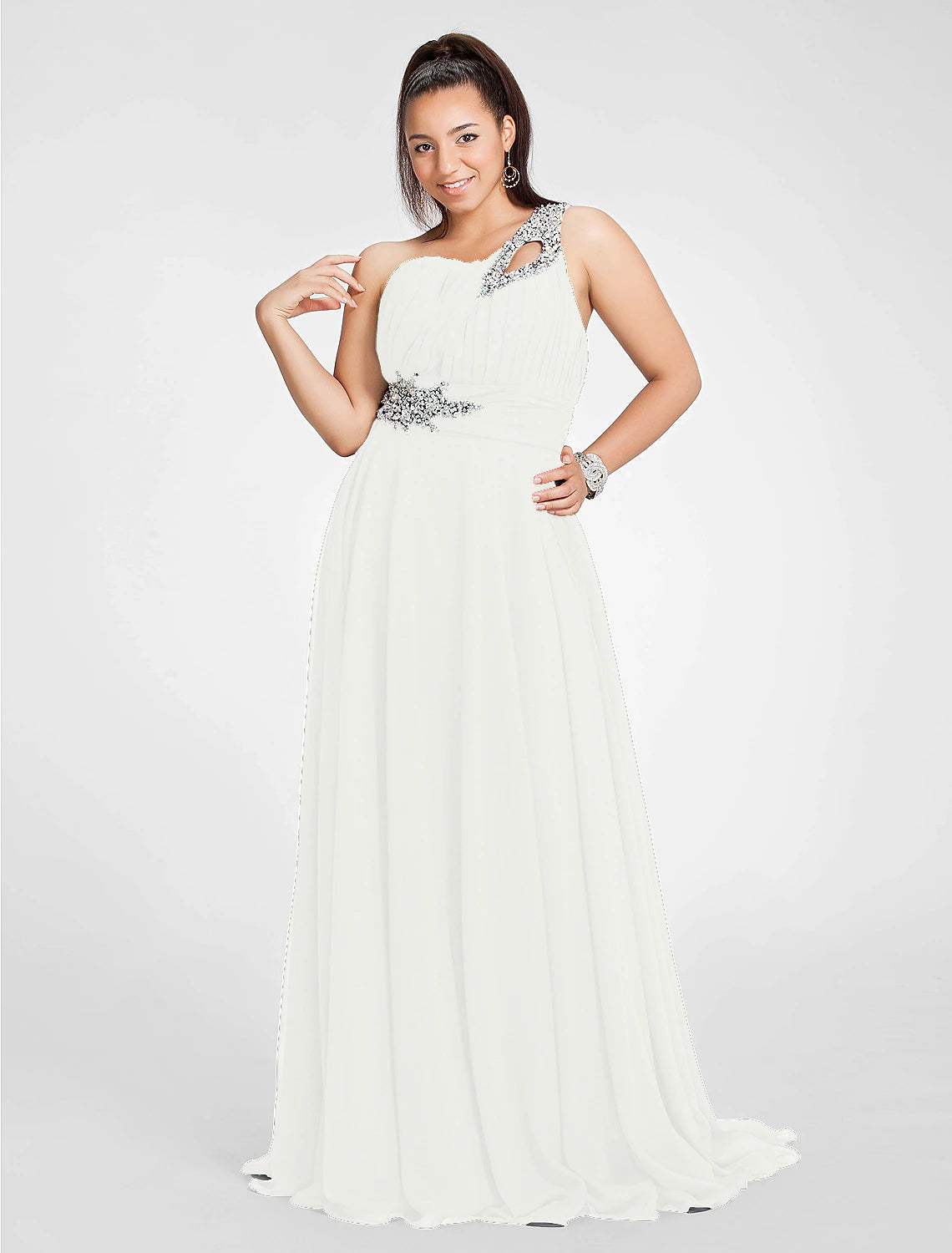 A-Line Cut Out Dress Wedding Guest Prom Sweep / Brush Train Sleeveless One Shoulder Chiffon with Ruched Beading