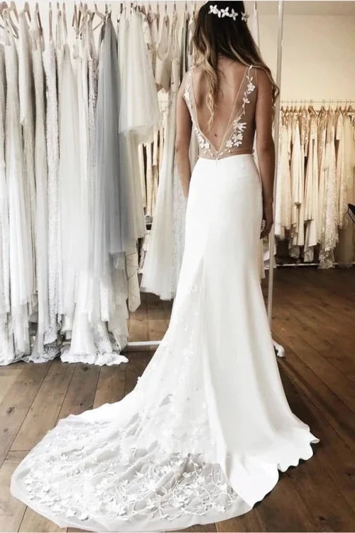 Simple Sleeveless Plunging Satin Wedding Dress With Illusion Deep V-back And Lace