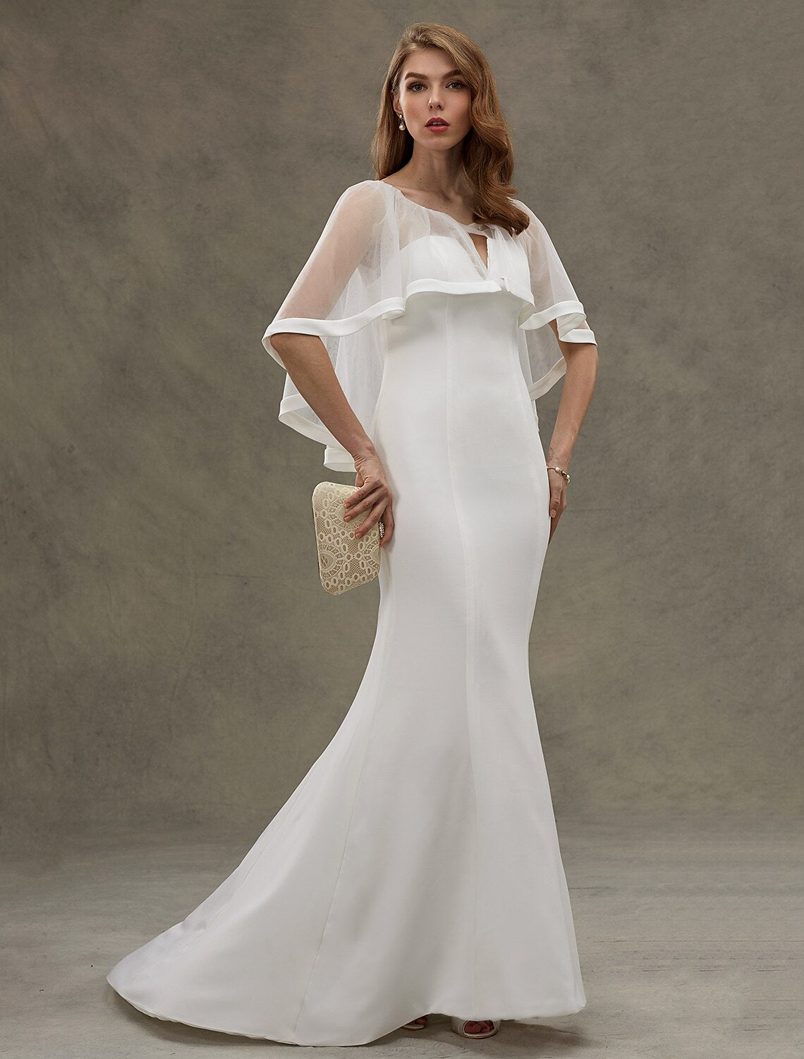 Beach Wedding Dresses Mermaid / Trumpet Scoop Neck Half Sleeve Sweep / Brush Train Chiffon Bridal Gowns With Tiered