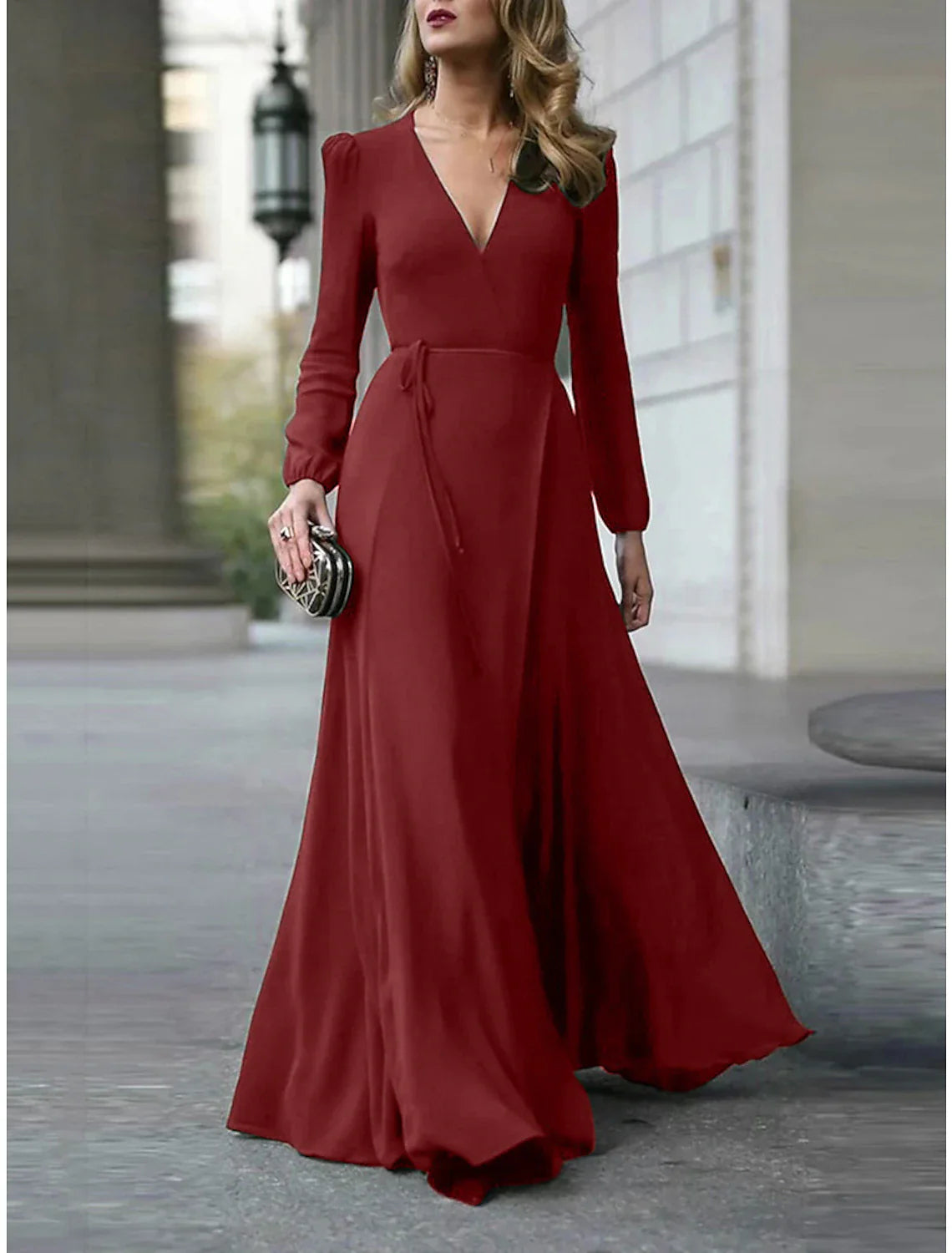 DingjiA-Line Minimalist Elegant Wedding Guest Formal Evening Dress V Neck Long Sleeve Floor Length Stretch Chiffon with Pure Color Strappy