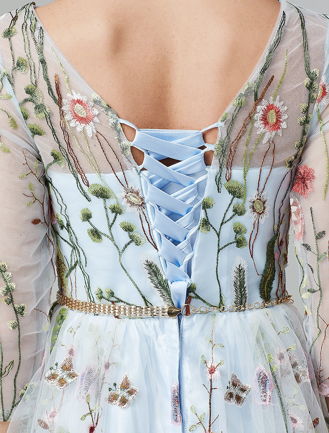 A-Line Evening Gown Floral Dress Holiday Wedding Guest Floor Length 3/4 Length Sleeve Illusion Neck Lace with Embroidery