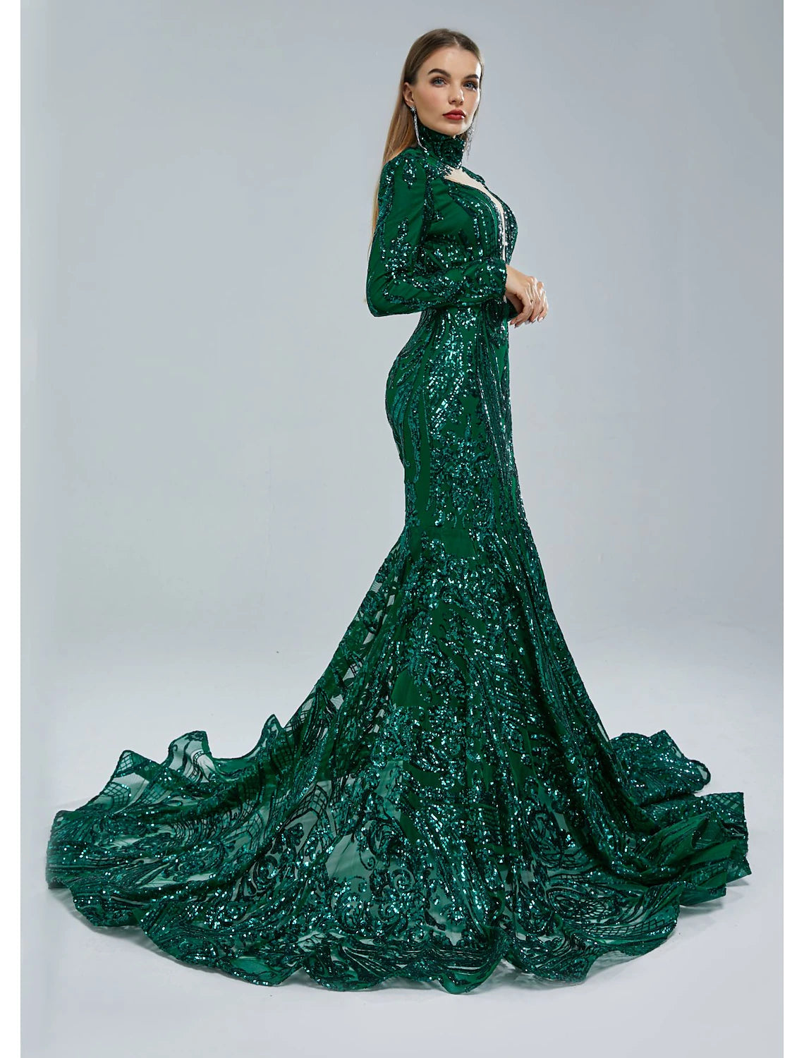 Mermaid / Trumpet Evening Gown Sparkle & Shine Dress Carnival Engagement Court Train Long Sleeve Stand Collar Lace with Sequin