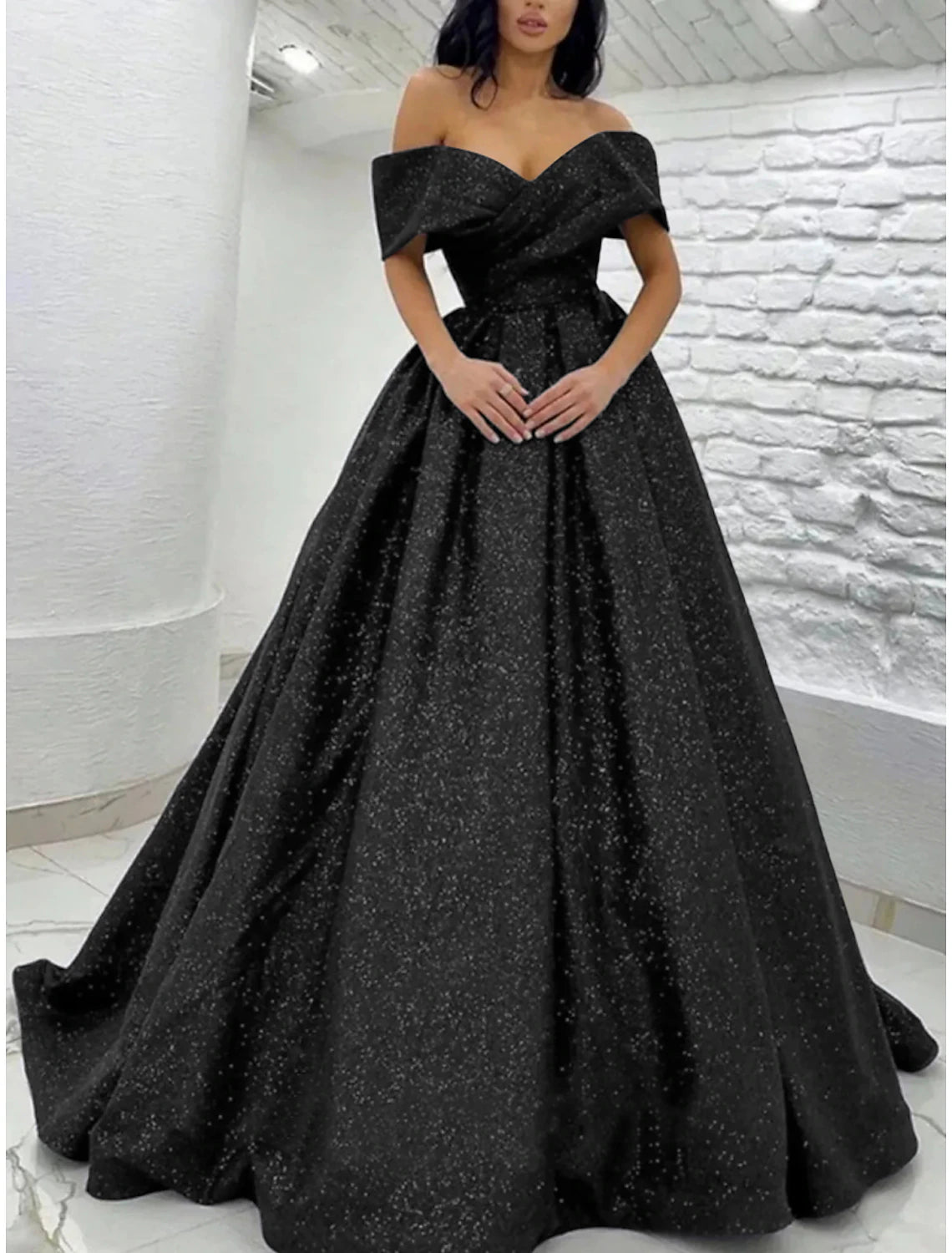 A-Line Prom Dresses Sparkle Black Champagne Gold Dress Tie Gala Sweep / Brush Train Short Sleeve Off Shoulder Sequined with Glitter Pleats