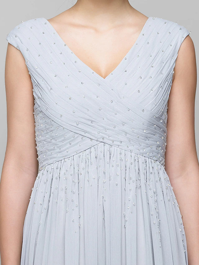 DingjiA-Line Mother of the Bride Dress Elegant V Neck Floor Length Chiffon Sleeveless with Criss Cross Beading