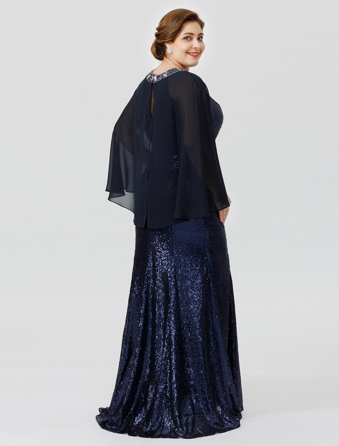 Mermaid / Trumpet Mother of the Bride Dress Formal Chic & Modern Glamorous & Dramatic Plus Size Jewel Neck Floor Length Chiffon Sequined 3/4 Length Sleeve No with Crystals Beading