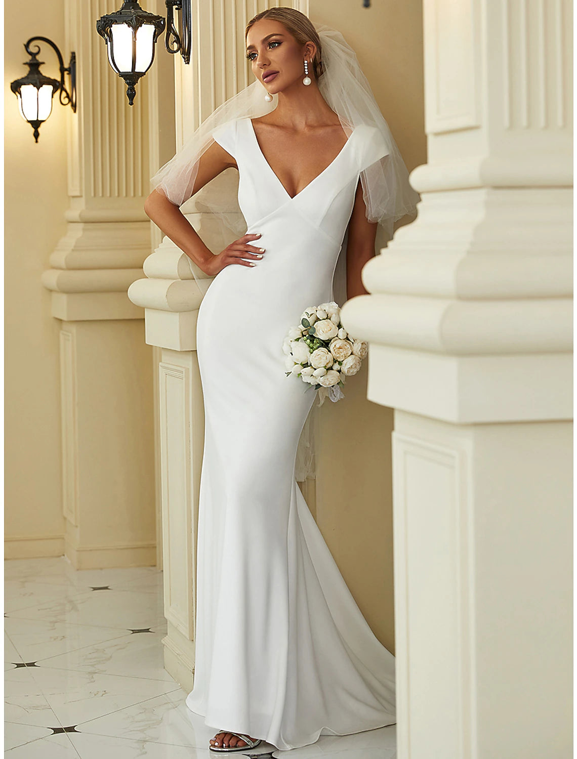 Reception Casual Wedding Dresses Mermaid / Trumpet V Neck Cap Sleeve Sweep / Brush Train Stretch Fabric Bridal Gowns With Draping Solid Color 2023 Summer Wedding Party