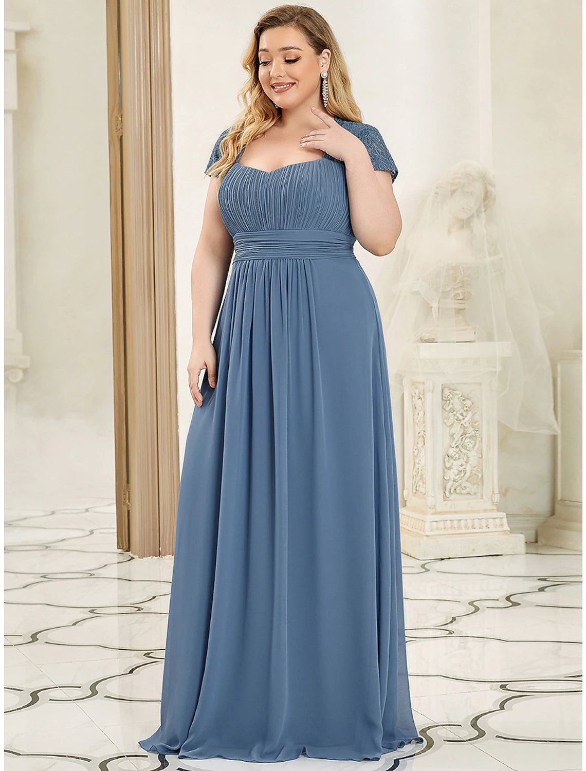 A-Line Evening Gown Plus Size Dress Wedding Guest Floor Length Short Sleeve Sweetheart Chiffon with Ruched