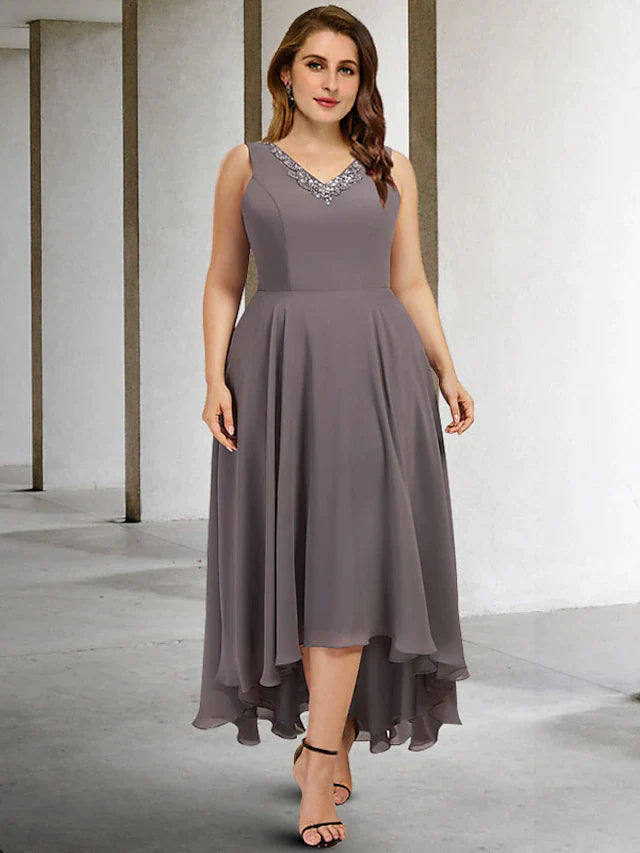 Two Piece A-Line Plus Size Curve Mother of the Bride Dresses Elegant Dress Wedding Guest Tea Length Sleeveless V Neck Chiffon with Beading