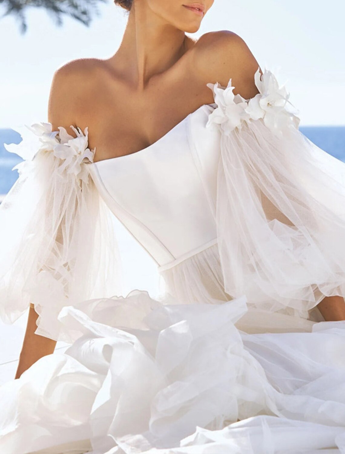 Reception Wedding Dresses A-Line Off Shoulder Half Sleeve Sweep / Brush Train Satin Bridal Gowns With Flower