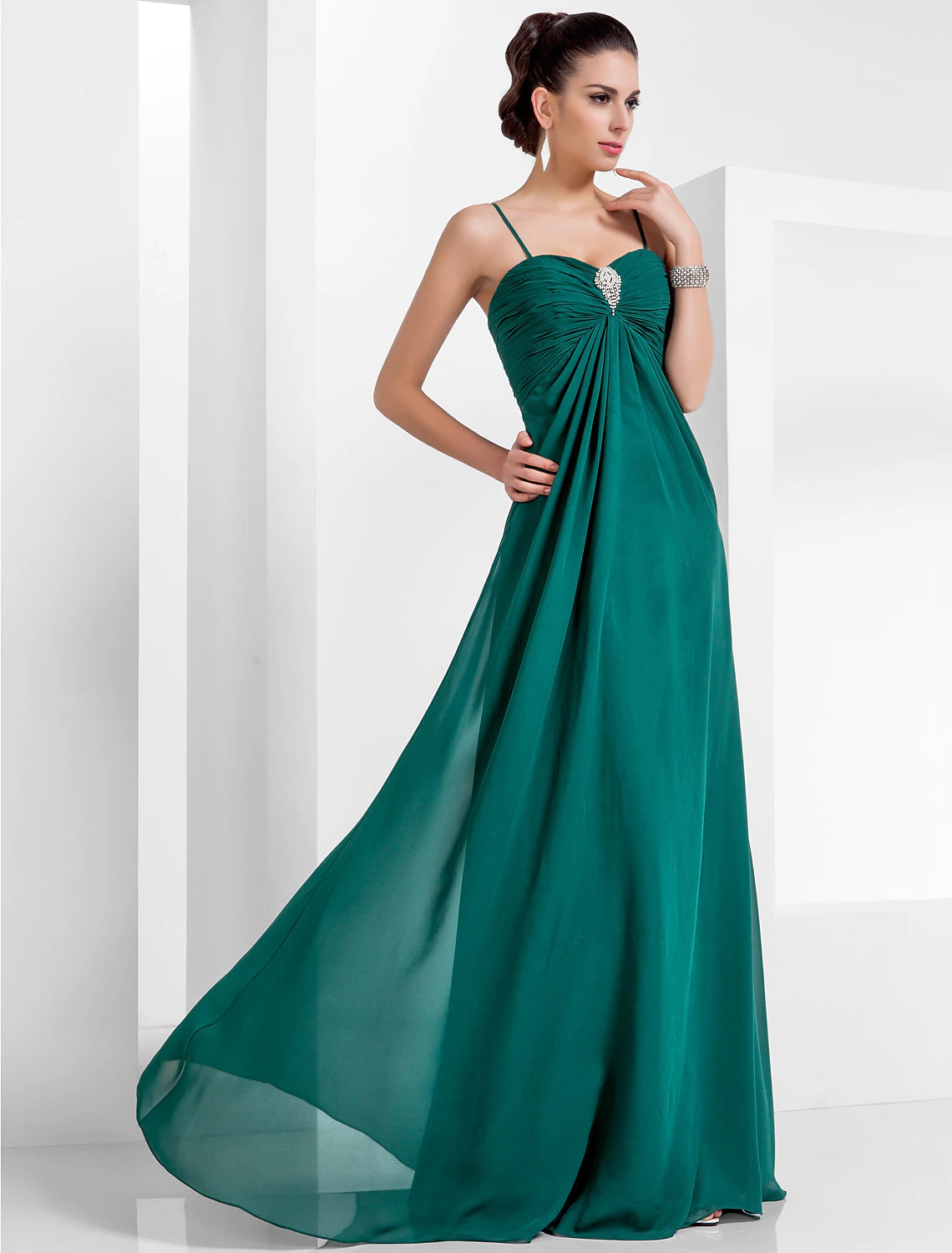 A-Line Empire Holiday Formal Evening Dress Spaghetti Strap Sleeveless Floor Length Chiffon with Crystals