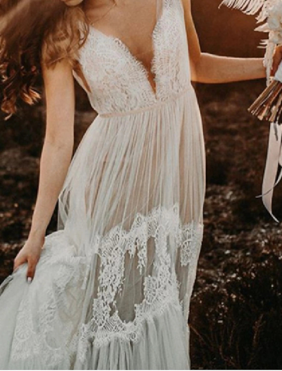 Beach Boho Wedding Dresses A-Line V Neck Sleeveless Court Train Lace Bridal Gowns With Lace Summer Fall Wedding Party , Women's Clothing