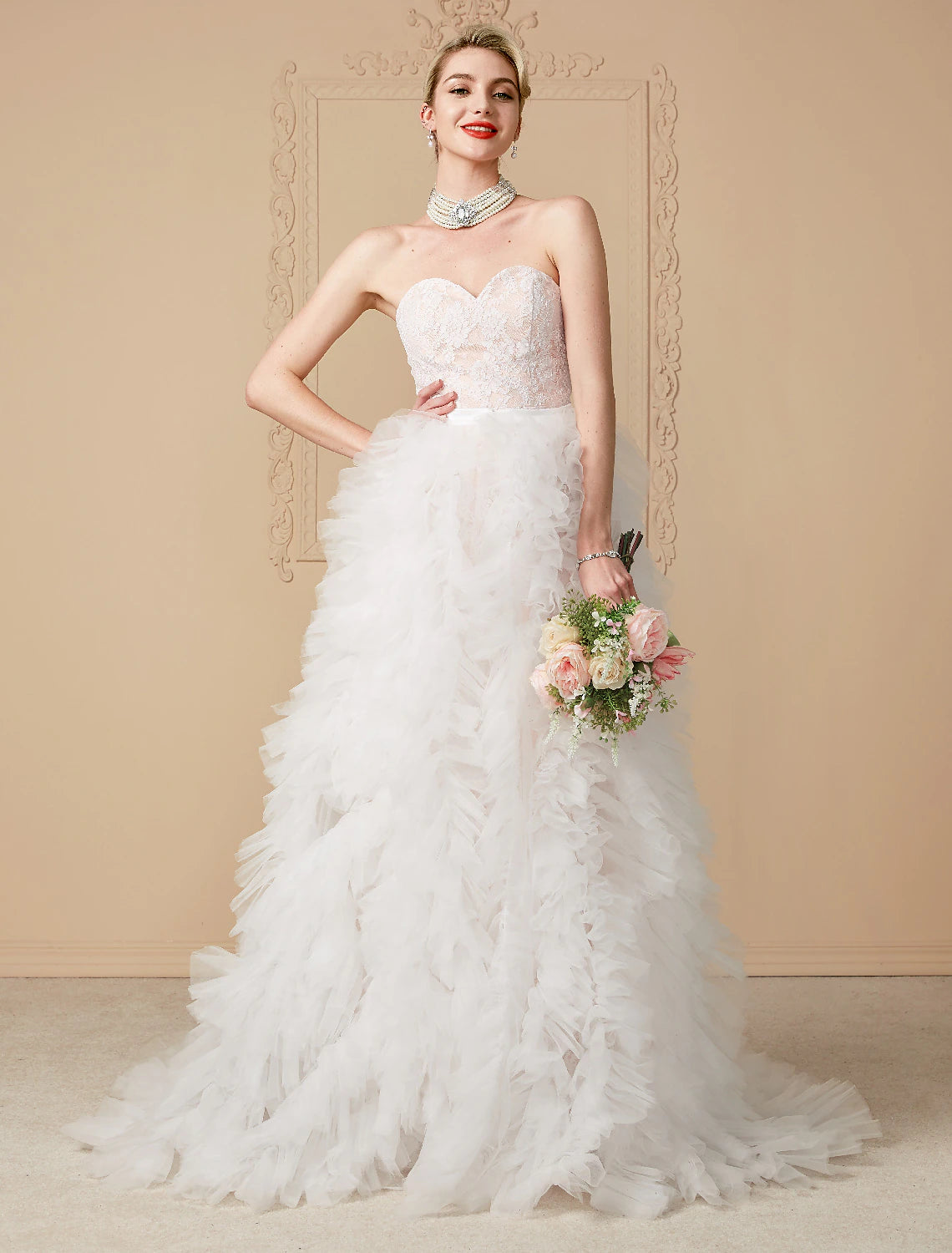 A-Line Wedding Dresses Sweetheart Neckline Sweep / Brush Train Tulle Over Lace Sleeveless Wedding Dress in Color Open Back with Sashes / Ribbons / Removable train