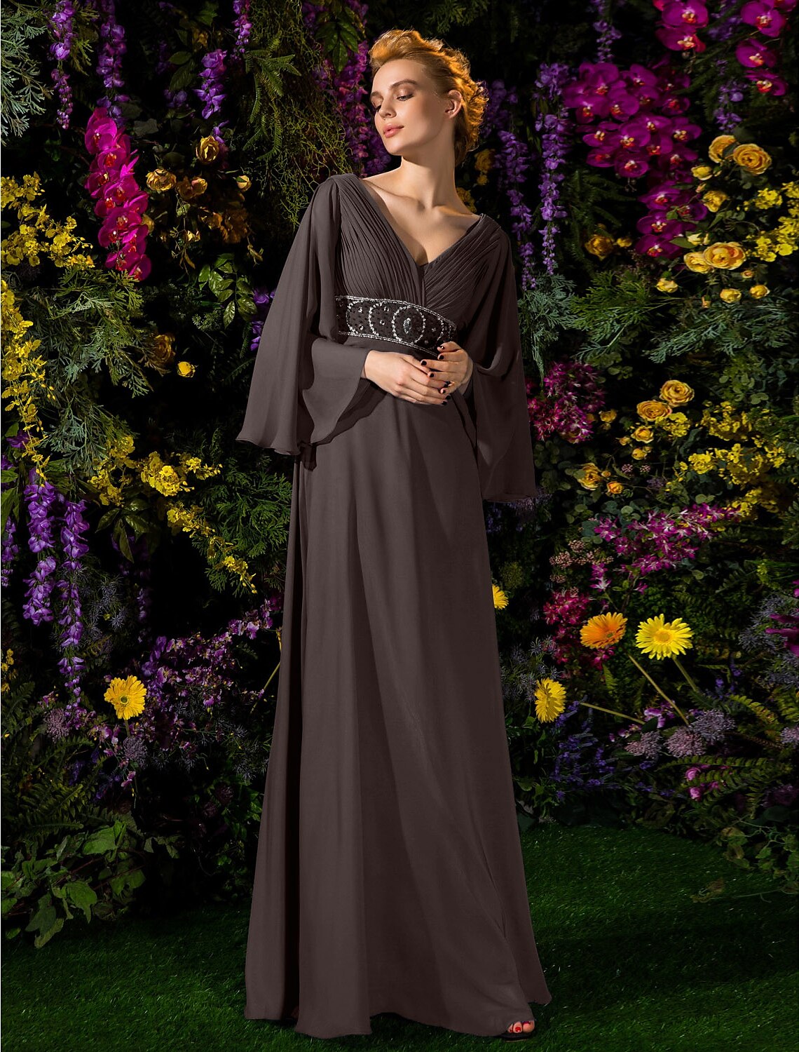A-Line Mother of the Bride Dress Vintage Inspired V Neck Floor Length Chiffon Long Sleeve with Crystals Beading Side Draping