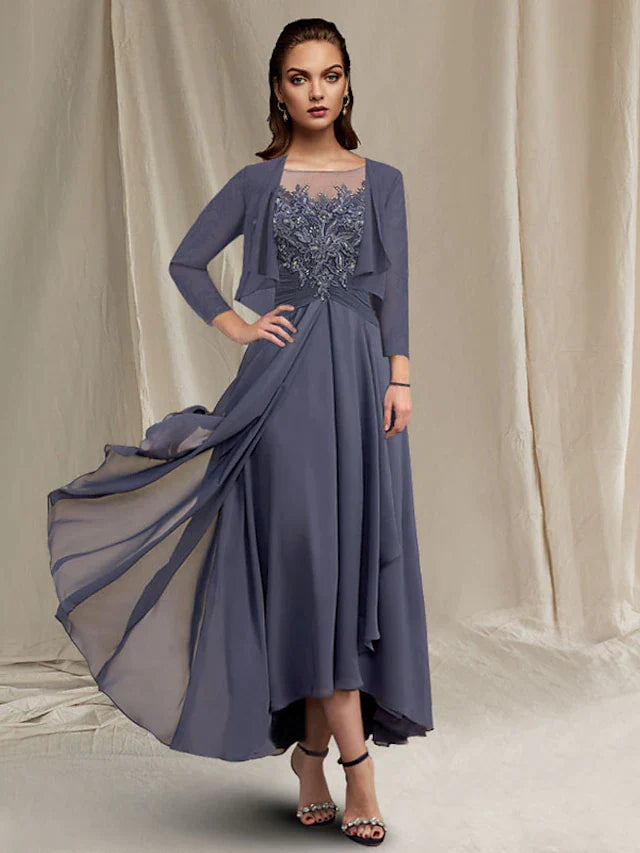 Two Piece A-Line Mother of the Bride Dress Elegant High Low Jewel Neck Asymmetrical Tea Length Chiffon Lace 3/4 Length Sleeve Wrap Included with Sequin Appliques