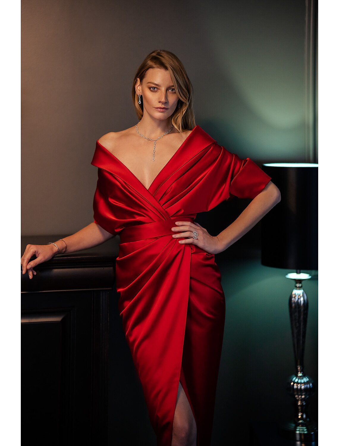 A-Line Evening Gown High Split Dress Formal Fall Sweep / Brush Train Long Sleeve V Neck Stretch Fabric with Pleats Crystals Ruffles