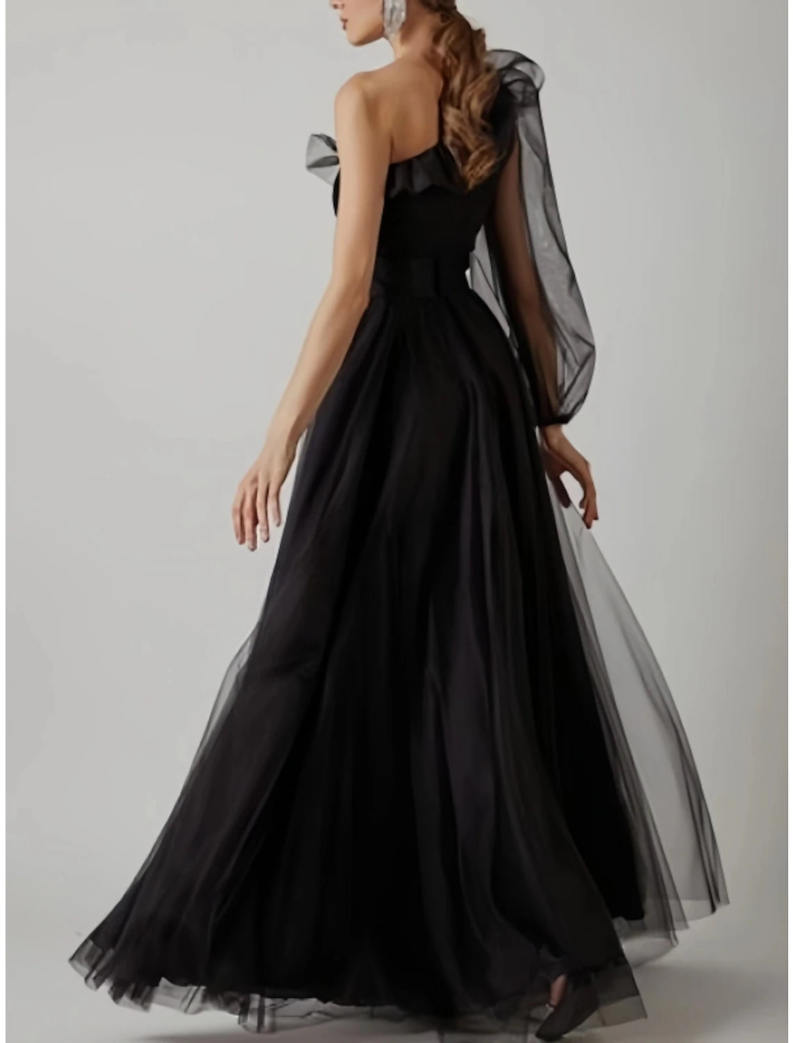 Sheath Prom Dress Elegant Black Dress Plus Size Evening Birthday Floor Length Long Sleeve One Shoulder Tulle with Pleats Ruffles Slit