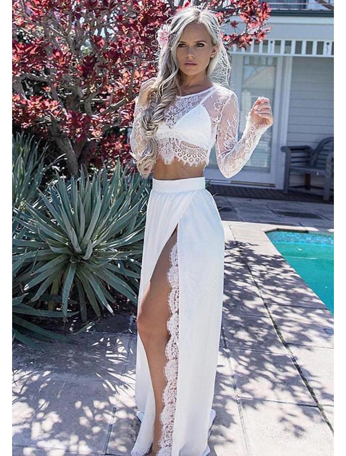 Two Piece A-Line Prom Dresses High Split Dress Formal Prom Floor Length Long Sleeve Jewel Neck Chiffon with Slit