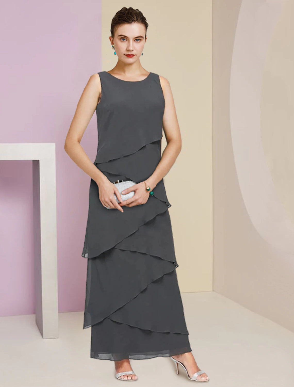 Sheath / Column Mother of the Bride Dress Formal Wedding Guest Elegant Scoop Neck Ankle Length Chiffon Sleeveless Wrap Included with Cascading Ruffles 2023