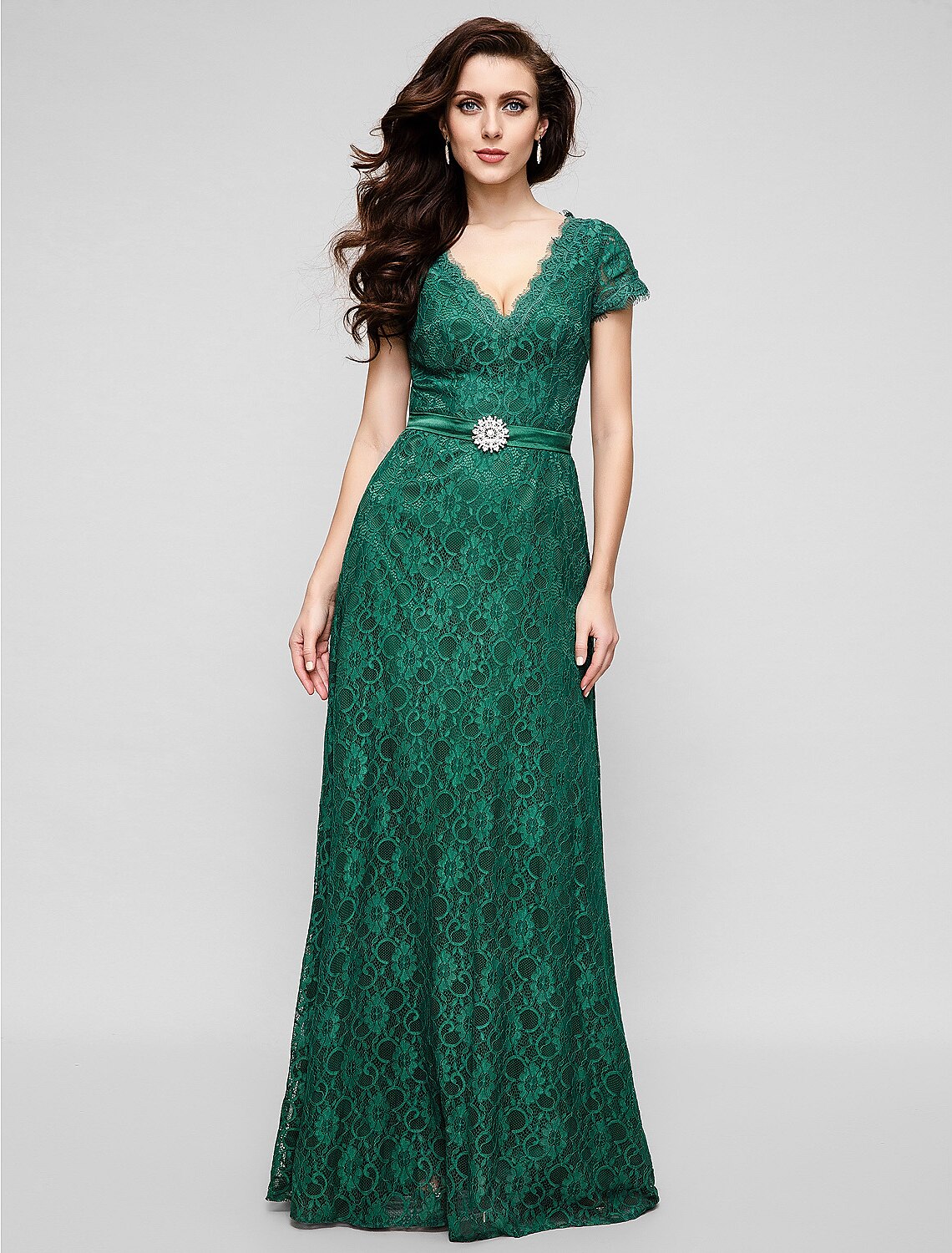 A-Line Elegant Dress Holiday Cocktail Party Floor Length Short Sleeve V Neck All Over Lace with Crystal Brooch