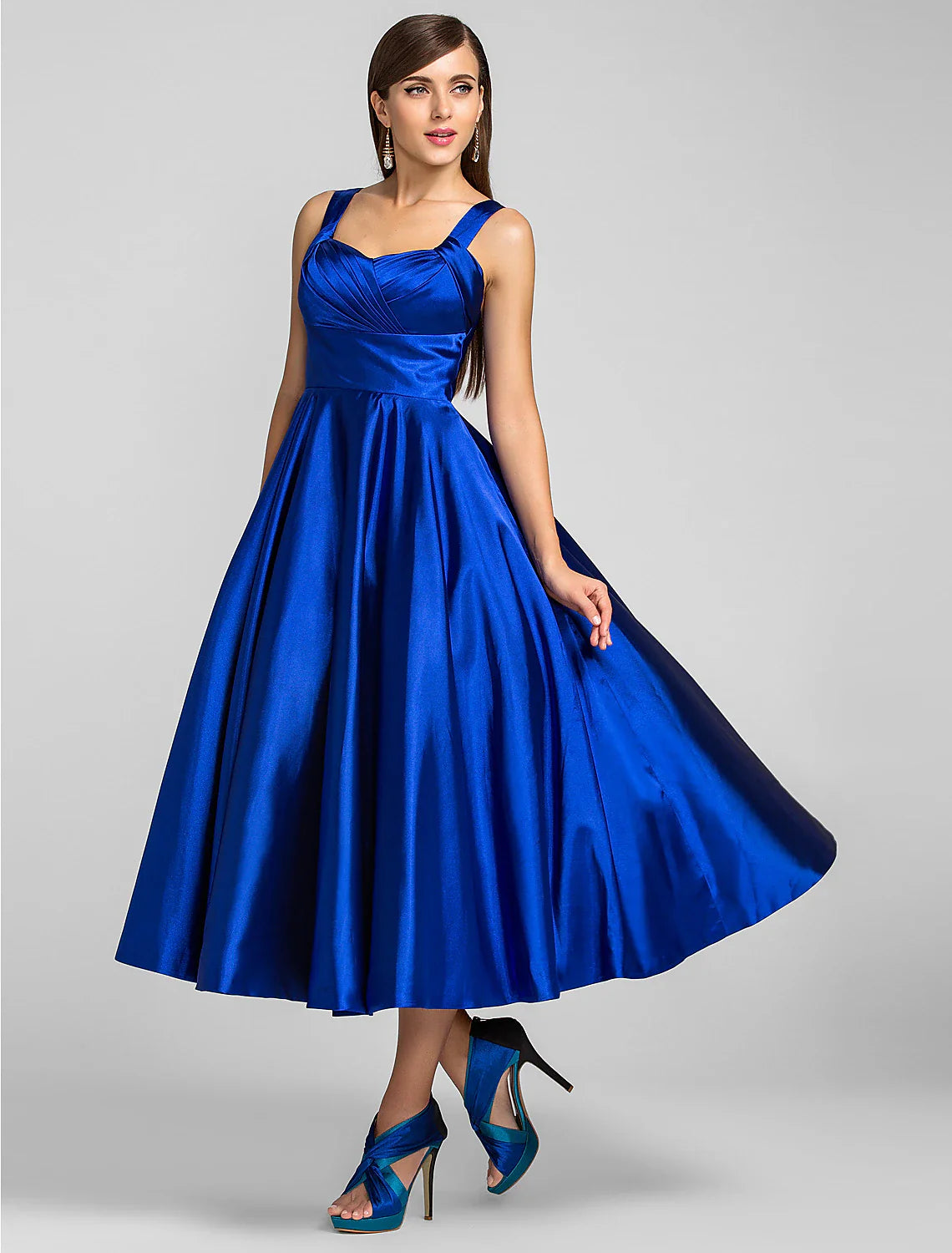 DingjiA-Line Minimalist Dress Wedding Guest Cocktail Party Tea Length Sleeveless Square Neck Stretch Satin with Criss Cross