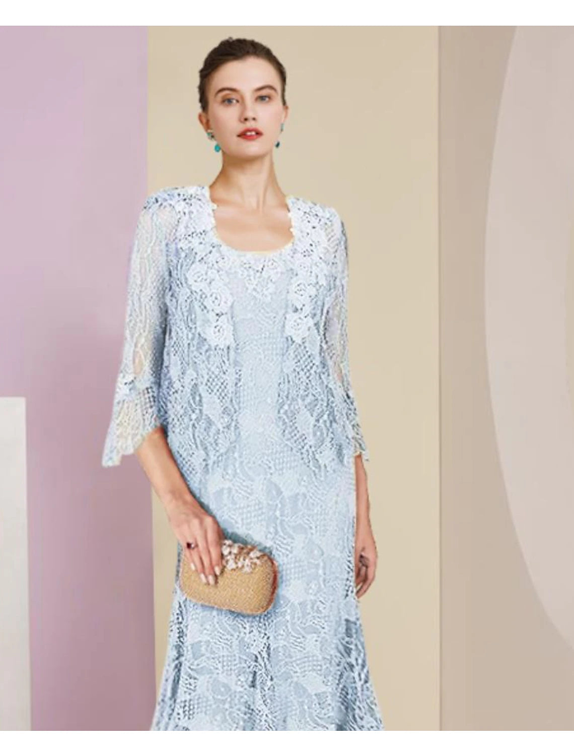 Two Piece Mermaid / Trumpet Mother of the Bride Dress Formal Wedding Guest Elegant High Low Scoop Neck Asymmetrical Tea Length Lace Sleeveless Wrap Included with Solid Color 2023