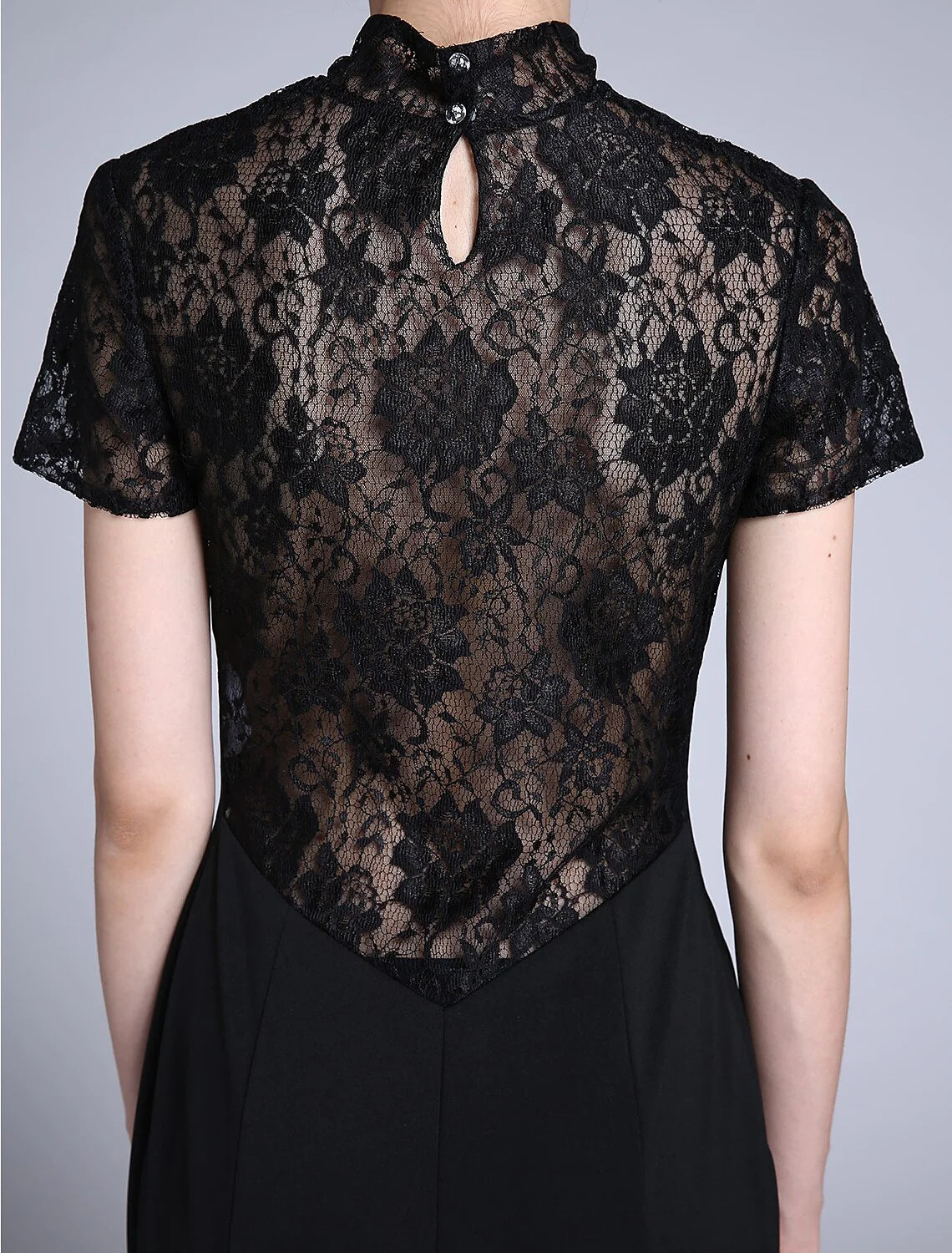 Mermaid / Trumpet Mother of the Bride Dress Vintage Inspired High Neck Sweep / Brush Train Lace Jersey Short Sleeve No with Lace