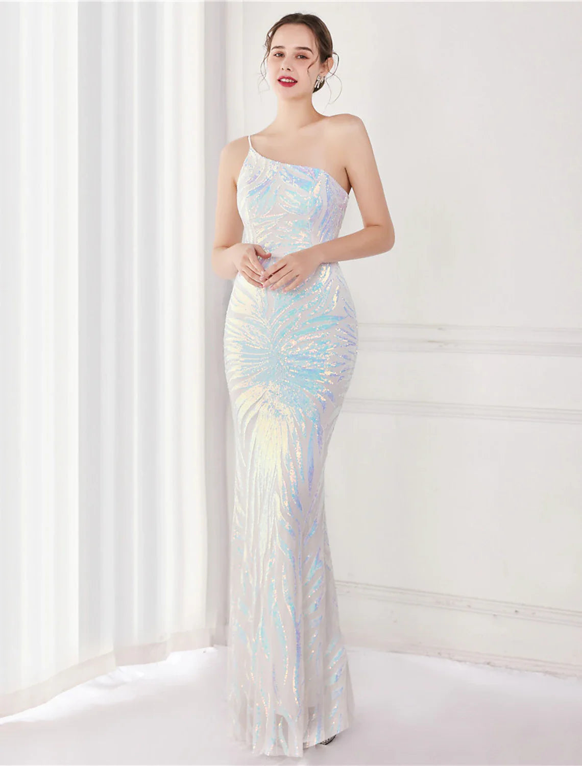 Dingji Mermaid / Trumpet Evening Gown Sparkle & Shine Dress Formal Floor Length Sleeveless One Shoulder Sequined with Sequin