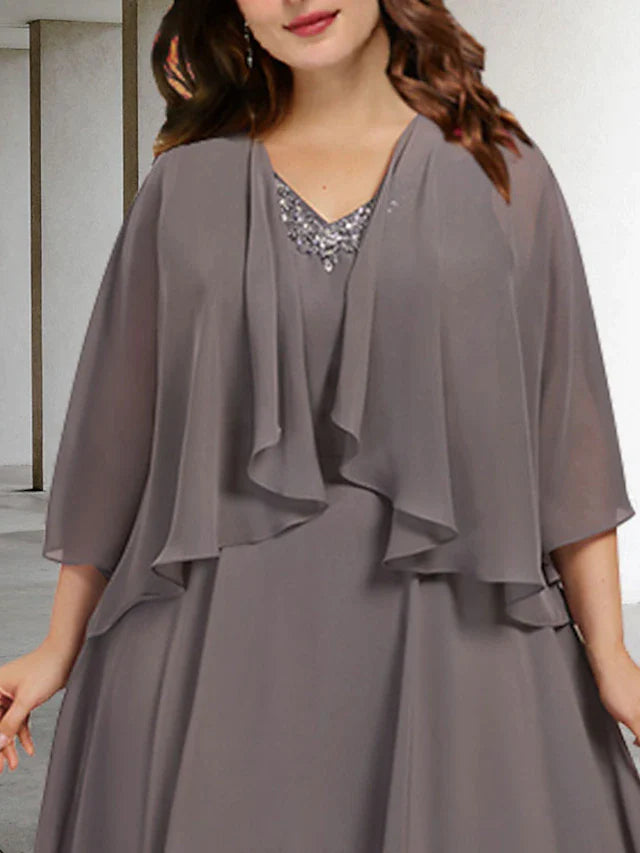 Two Piece A-Line Plus Size Curve Mother of the Bride Dresses Elegant Dress Wedding Guest Tea Length Sleeveless V Neck Chiffon with Beading